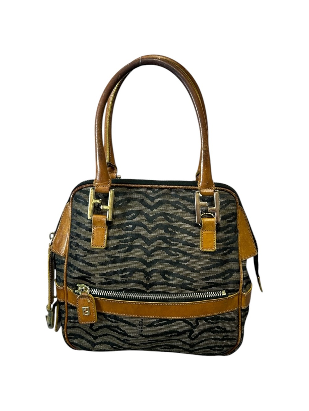 Vintage 1980s Fendi Tiger Print Leather Square Shoulder Hand Bag